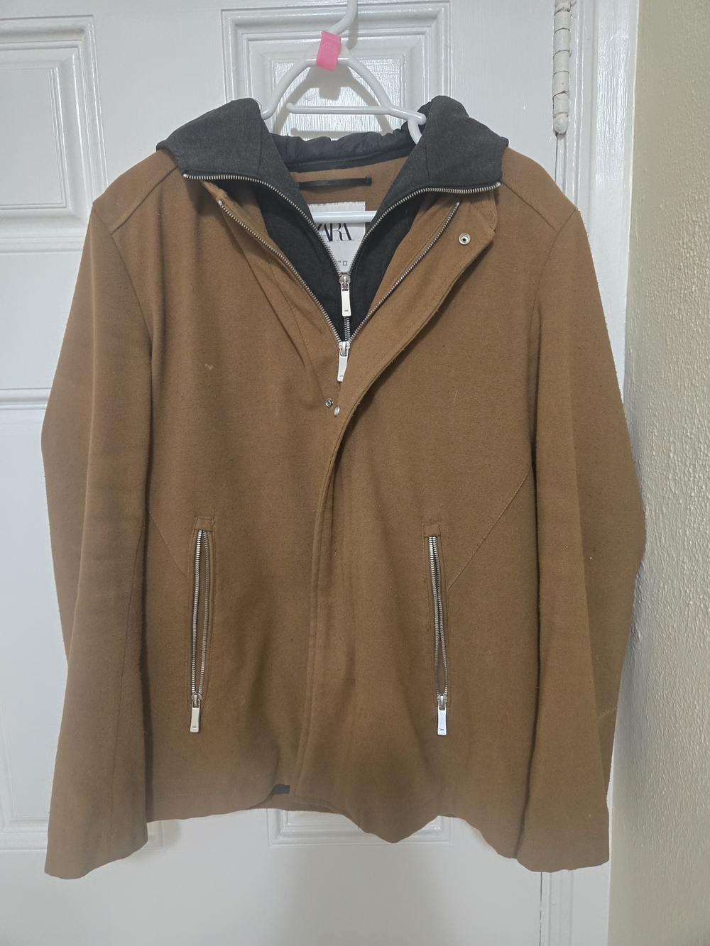 Zara Men’s Tan/Brown Zip-Up Sweater with Gray Hood